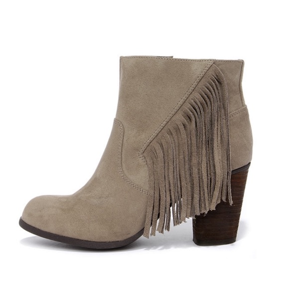 Madden Girl Shoes - Madden Girl Taupe Suede Fringe Ankle Booties